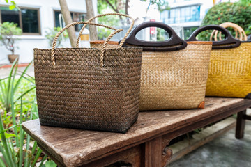 women fashion handbag with Woven or straw bag handmade bag Thai handicraft weave from natural materials, For caring environment reduce the use of plastic bags