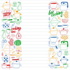 Vector set of children's kitchen and cooking drawings icons in doodle style. Painted, colorful, pictures on a piece of linear paper on white background.
