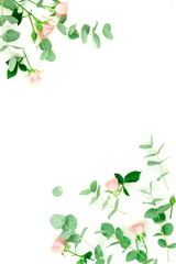 Flowers composition background. pink  roses and eucalyptus leaves branches on white background top view.  Copy space