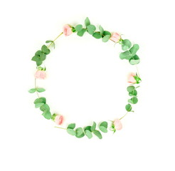 green eucalyptus leaves  and pink roses wreath top view isolated on white background. copy space. flat lay. Minimal floral card.