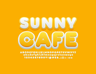 Vector bright logotype Sunny Cafe with Alphabet Letters, Numbers and Symbols. Yellow and White Font for Marketing design 