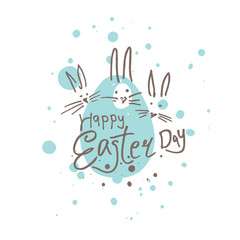 Happy Easter funny illustration. Easter bunnies peeking and the light turquoise blot background. Vector illustration imitating felt pen drawing. 