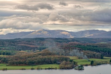 Fototapeta na wymiar A panoramic view of the Windermere and the Coniston fells in the English Lake District.