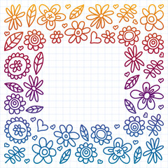 Vector set of child drawing flowers icons in doodle style. Painted, colorful, gradient, on a sheet of checkered paper on a white background.