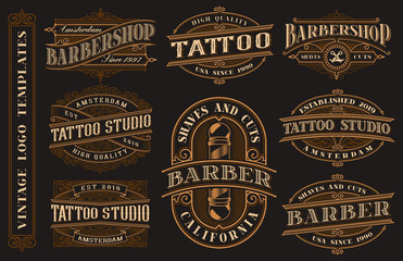 Big bundle of vintage logo templates for the tattoo studio and barbershop © Natalia