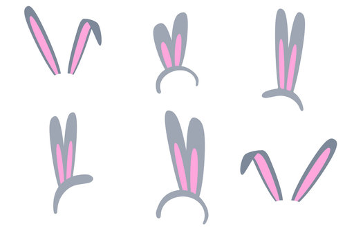 Set of isolated Easter bunny ears on a white background. Pink and gray mask with a rabbit ear. Spring seasonal cute clipart. Illustration hare ears for decorating photos, parties.