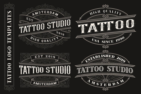 Set of vintage tattoo emblems, logos, badges.