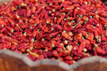 Dried chillies in basket the oriental market