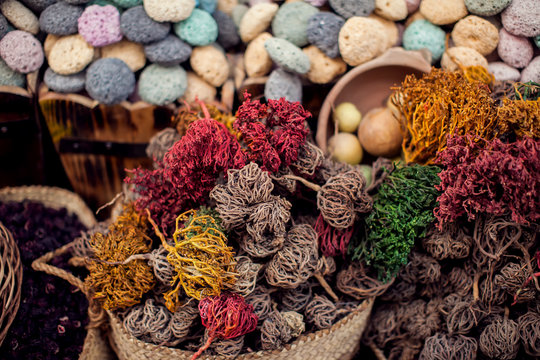 Colorful Different Spices, Herbs In The Spice Market In Egypt