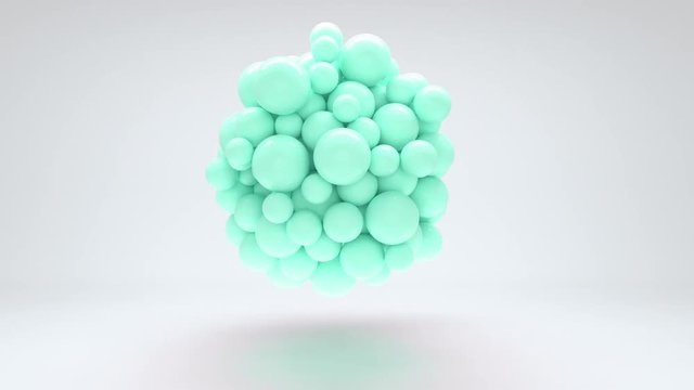 Abstract realistic 3d shapes pastel green balls flying. 4K render animation footage. looping.