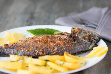 Baked dorada with potatoes on a white plate.