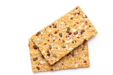 Rye bread slice on a white background.