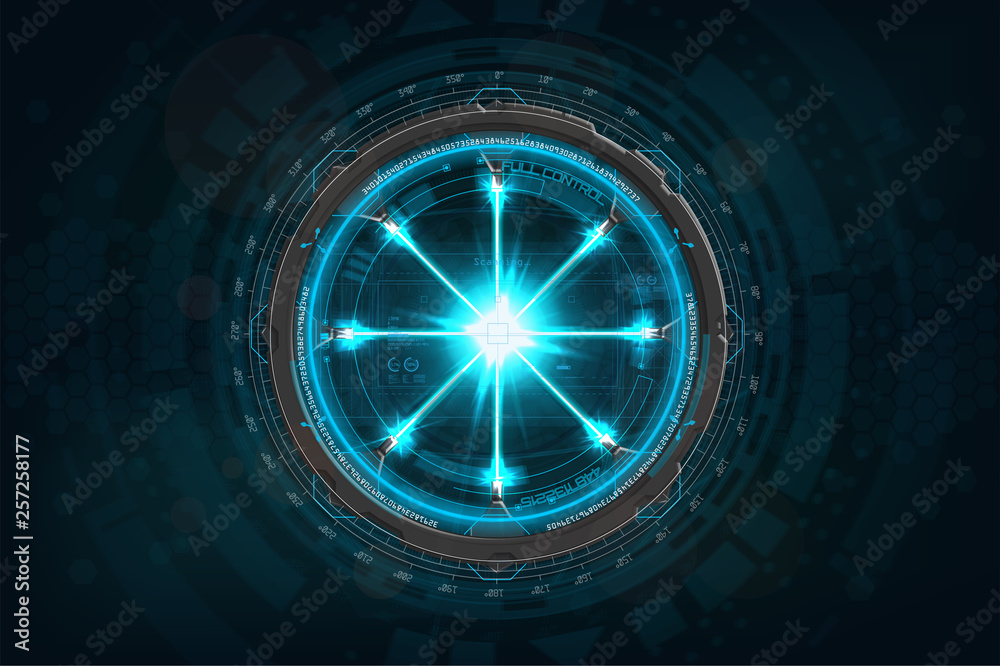 Poster futuristic gadget with neon lasers. futuristic mechanisms with neone lasers and flash in hud style. 
