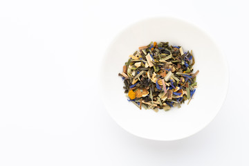 Herbal tea on a white background. Top view.