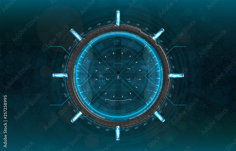 Poster Modern aiming system. Sci-fi futuristic spaceship crosshair. Outline HUD user interface. Fullcolor interface. Techno target screen elements. Abstract Technology background. Vector gadget