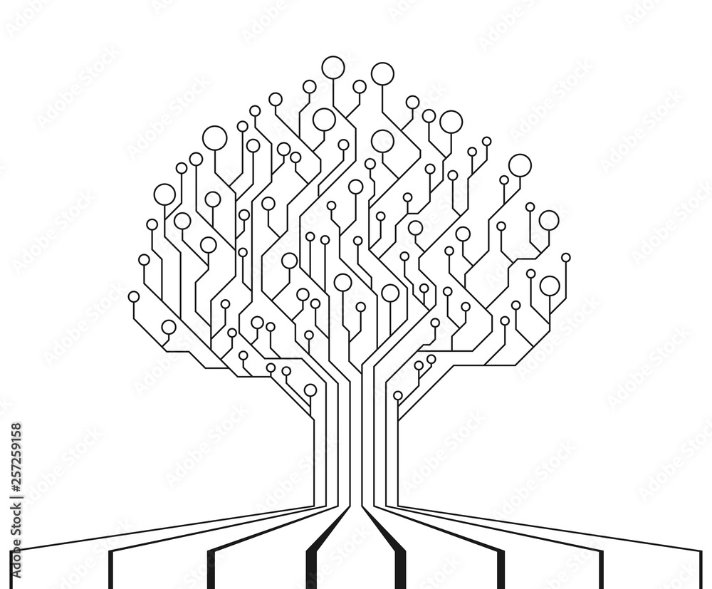 Poster Circuit Board Tree. Technology CPU, Microprocessor Interface. The combination of life and technology. Isolated illustration. PCB electronic tree. Vector illustration