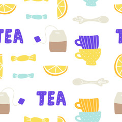 Lemon, tea bag, cups, teaspoon and candy hand drawn seamless vector pattern isolated on white background