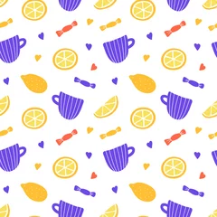 Rucksack Tea cups, lemon and candy hand drawing seamless vector pattern. Print isolated on white background © Olha Kozachenko