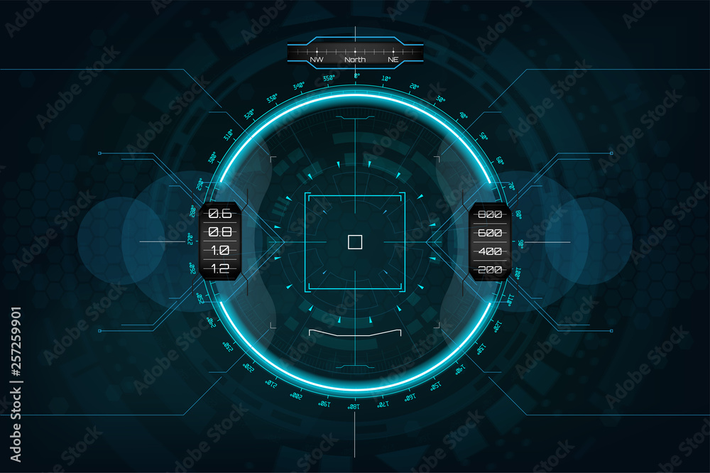 Poster Modern aiming system. Sci-fi futuristic spaceship crosshair. Outline HUD user interface. Fullcolor interface. Techno target screen elements. Abstract Technology background. Vector gadget