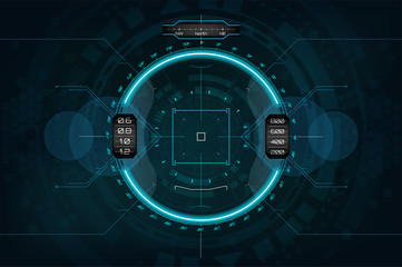 Modern aiming system. Sci-fi futuristic spaceship crosshair. Outline HUD user interface. Fullcolor interface. Techno target screen elements. Abstract Technology background. Vector gadget