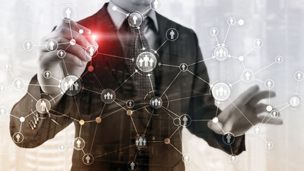 HR Human resources management peoples relation organisation structure virtual screen mixed media double exposure.