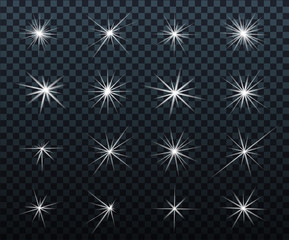 Set of Glowing light effects. Sparkles. Shining stars, bright flashes of lights with a radiating. Transparent light effects in vector.