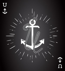 Fototapeta premium Vintage Label with an Anchor and Letter made of Ship Rope. Apparel t-shirt or Poster Design. Logotype Monogram with Playing Cards Style. Vector illustration.