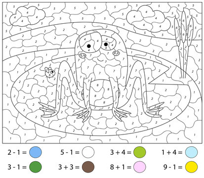 Cute cartoon frog in the summer lake. Addition and subtraction tasks. Color by number educational game