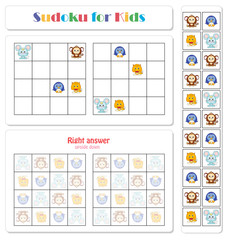 Fototapeta na wymiar Sudoku for kids with funny cartoon animals