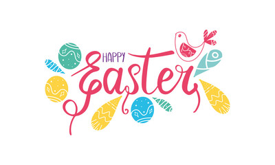 Happy Easter handwriting calligraphy. Lettering, easters eggs, bird and decorative elements. Design for holiday greeting card, invitation, poster, banner or background. Vector illustration 