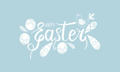 Happy Easter handwriting calligraphy. Lettering, easters eggs, bird and decorative elements. Design for holiday greeting card, invitation, poster, banner or background. Vector illustration 