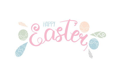 Happy Easter handwriting calligraphy. Lettering, easters eggs and decorative elements. Design for holiday greeting card, invitation, poster, banner or background. Vector illustration 