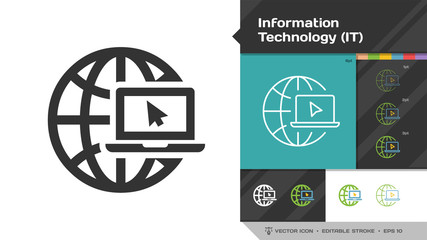 Information technology IT icon black glyph silhouette and editable stroke thin outline single with global internet network communication tech and laptop computer info symbols.