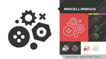 Miscellaneous black glyph silhouette and editable stroke thin outline single icon with button, nut, sun different symbols.