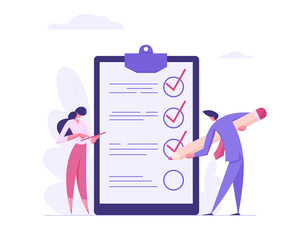 Businessman Character Mark Checklist with Pen. Businesswoman Completion Business Task. Goal Achievements Planning Schedule Concept. Flat Vector Cartoon Illustration