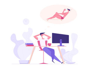Happy Businessman Relaxing at Office Workplace and Dreaming About Tropical Vacation. Male Character Sitting at Work Table with Computer Thinking about Summer Beach. Flat Vector Cartoon Illustration