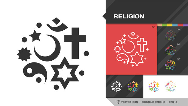 Religion black glyph silhouette and color editable stroke thin outline single icon with christian cross, jewish star of David, islamic star and crescent, chinese yin and yang symbols.