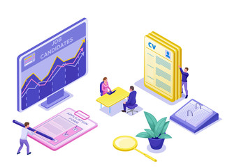Job agency isometric infographic landing page template with 3d employer hiring talent  worker, candidates search work via human resource mobile app, office business people, vector illustration