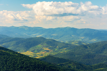 mountains, valleys and ridges of carpathians.  beautiful view of Beskid massif in summertime. Peaks of Bieszczady National Park in the distance.