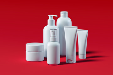 Bottle Set for liquid, cream, gel, lotion. Beauty product package. 3d rendering.