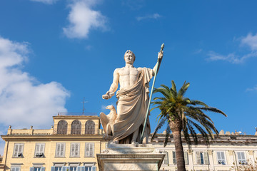 Fototapeta premium Front view of the statue of Napoleon in roman costume on Place St. Nicolas, Bastia, Corsica, France