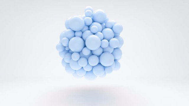 Abstract realistic 3d shapes pastel blue balls flying. 4K render animation footage. looping.