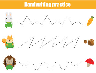 Preschool handwriting practice sheet. Educational children game. Printable worksheet for kids and toddlers. Tracing lines