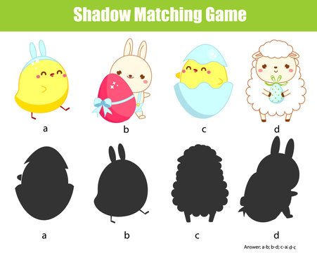 Shadow matching game. Find silhouette. Easter activity for toddlers and pre school age kids.
