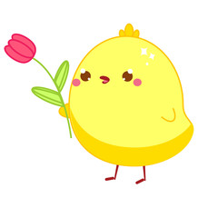 Cute chicken in kawaii style. Little baby chick with tulip flower. Isolated clip art character for Easter design