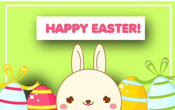 Happy Easter banner template. Cute Easter bunny with eggs. Spring background with Cartoon rabbit in kawaii style