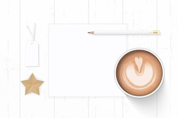 Flat lay top view elegant white composition paper pencil eraser star shape craft tag and coffee on wooden background