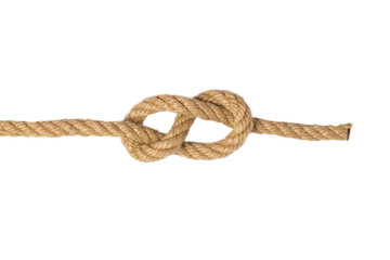 Rope isolated. Macro of figure eight node or knot from two brown ropes isolated on a white...