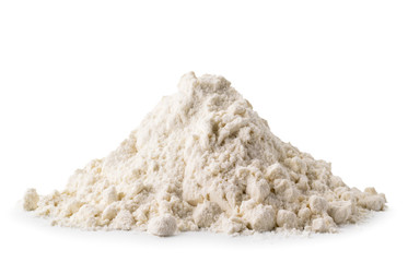 Pile of flour close - up on a white. Isolated.