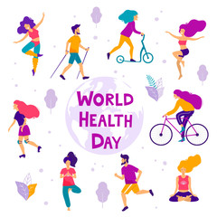 World health day vector illustration. Healthy lifestyle concept. Different physical activities.